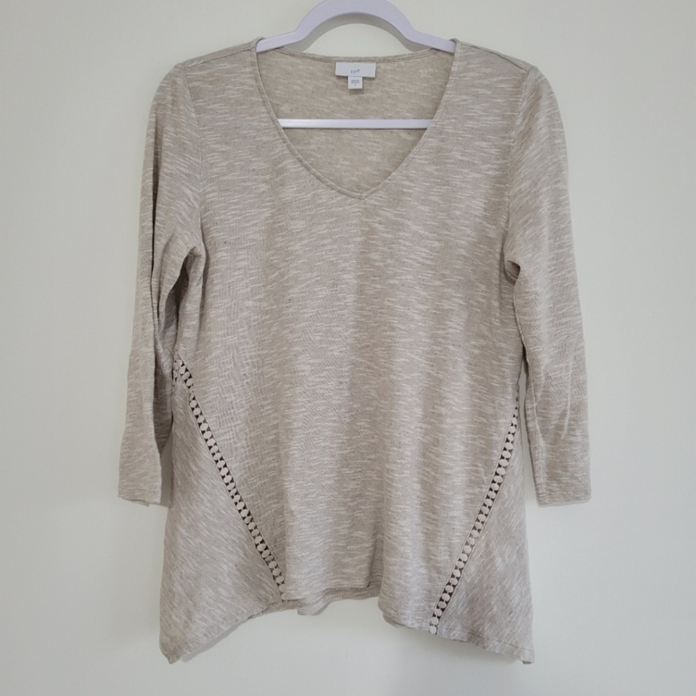 J.Jill Linen Blend V Neck Cross Crochet Overlay 3/4 Sleeve Cozy‎ Oatmeal Top S